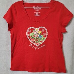 Strawberry Shortcake & Friends Heart Graphics Red T- Shirt Lace Crop Top Sz‎ L